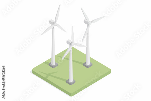 three wind turbines standing on a green platform, representing renewable energy and sustainable power. Isometric Generative ai vector colorful illustration.