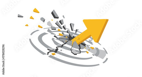 Financial success concept with upward yellow arrow shattering obstacles. Breaking barriers, rapid growth, and business breakthrough illustration.