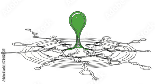 Stylized Crown Splash of Vibrant Green Liquid, Contour Line Art Vector Graphic