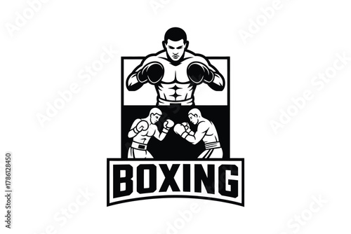 Boxing emblem with two fighters and a muscular boxer above the word.
