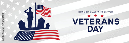 Veterans Day banner with a soldier silhouette saluting, flanked by American flags, set against a background of stars and stripes. Honors veterans and service members who served the USA.