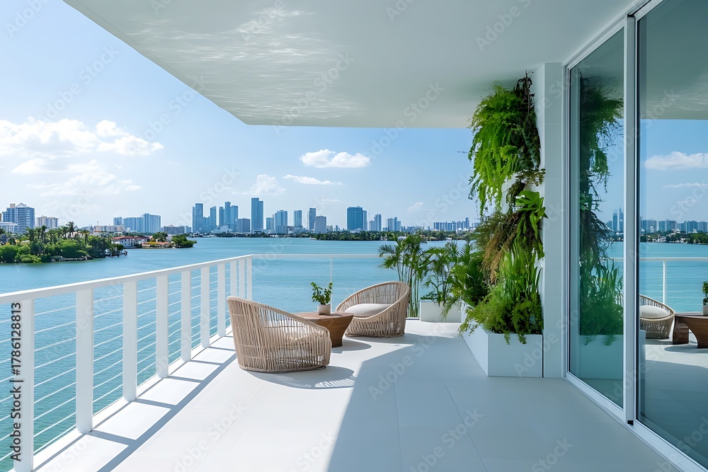 Naklejka premium Modern high rise balcony overlooking a vibrant city skyline and serene bay waters
