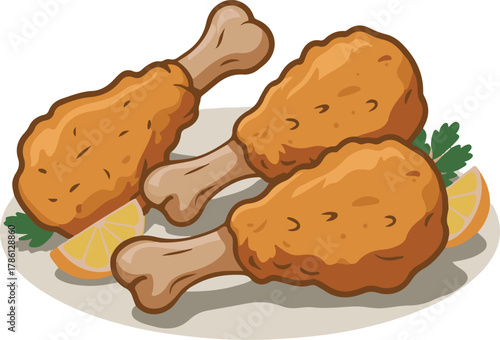 Three golden brown fried chicken drumsticks with lemon slices and parsley food meal vector illustration EPS file download.
