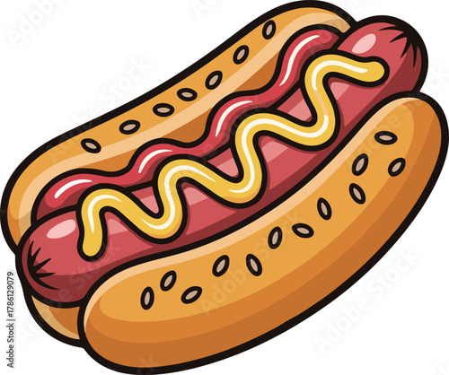 Hot dog with ketchup and mustard on a sesame seed bun sausage bread vector illustration EPS file download.
