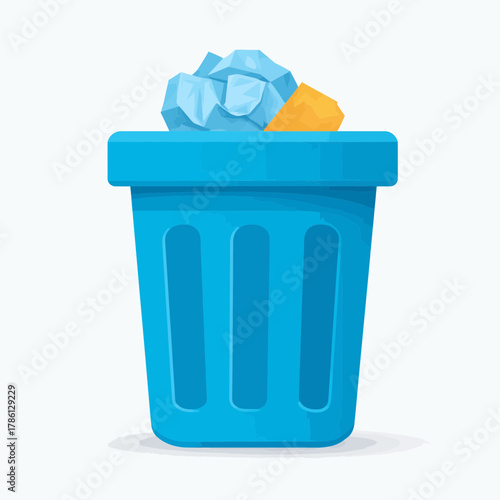 A Blue Trash Can Full of Crumpled Paper