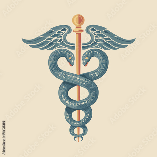 A Caduceus symbol with snakes and wings against a beige background