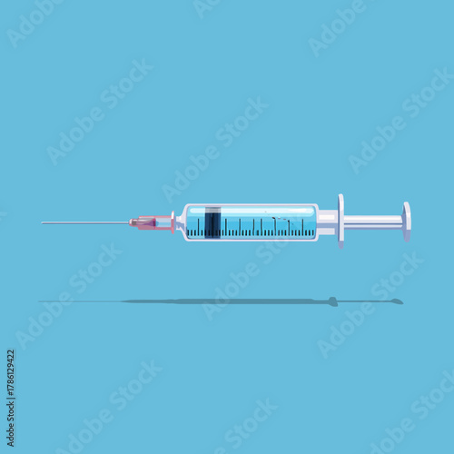 A flat concept vector of a medical syringe on a blue background