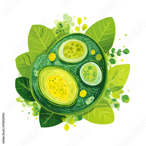 A flat concept illustration of a plant cell viewed microscopically
