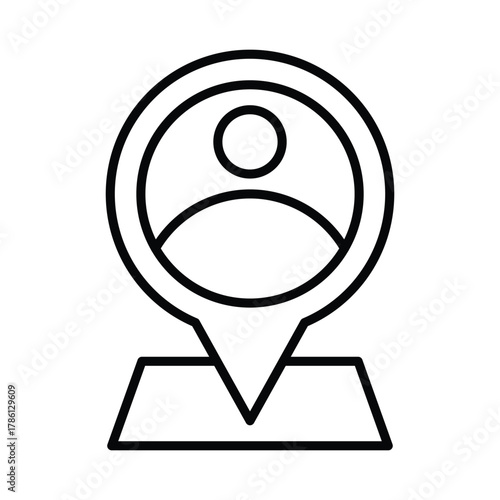 A black outline of a map pin with a human profile inside