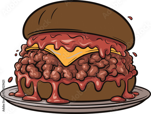Sloppy Joe sandwich overflowing with meat and cheese on plate burger vector illustration EPS file download.
