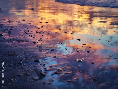 Close-up of beach sand at sunset, ocean waves reflecting colorful sky with small pebbles and ripples, vibrant golden and purple hues on wet ground