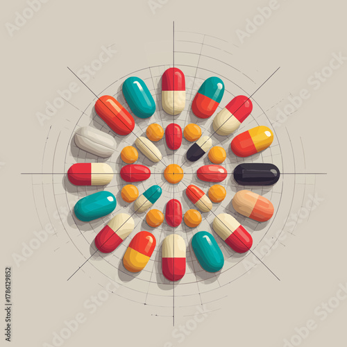 Assorted Colorful Prescription Pills Forming a Circular Pattern
