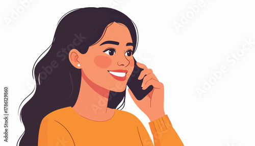 A woman with dark hair smiles while holding a phone to her ear, engaged in a conversation.