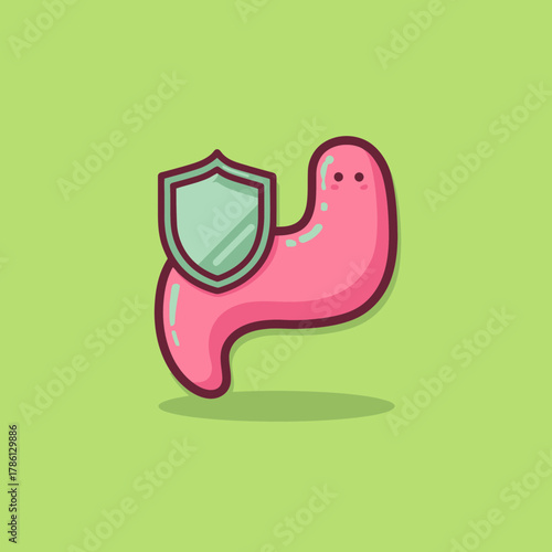 Cartoon stomach with shield symbolizing health and protection