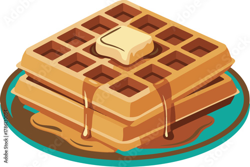 Stacked golden waffles with melting butter and dripping syrup on plate food breakfast vector illustration EPS file download.

