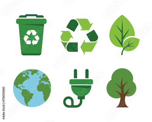 A set of environmental icons including a recycling bin, recycle symbol, leaf, globe, plug, and tree.