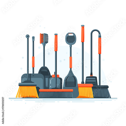 Flat vector illustration of various cleaning brushes and tools