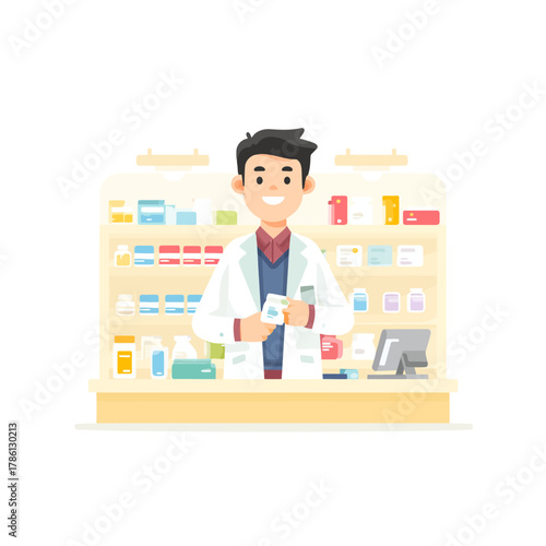 Friendly Pharmacist Dispensing Medication at a Drugstore Counter