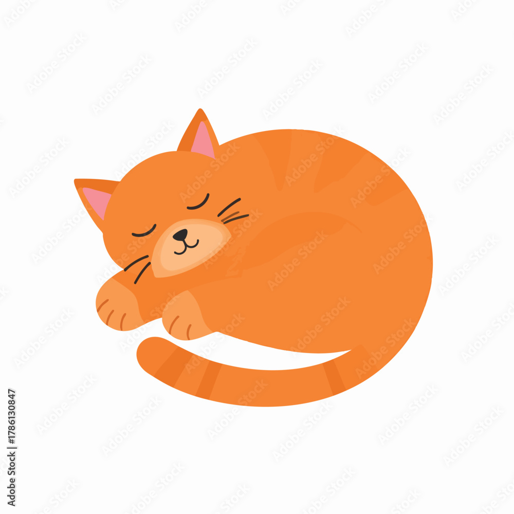 Obraz premium A cartoon illustration of a curled-up orange cat sleeping peacefully.