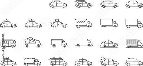 PrintCar and truck icon set, taxi and delivery vehicle graphics, transportation outline symbols collection, cargo transport line art, minimal fleet illustrations