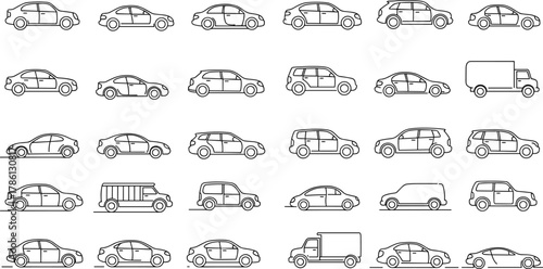 PrinCar and vehicle icon set, transportation outline graphics, sedan SUV van illustrations, delivery truck line art, fleet automobile collection, minimal transport symbolst