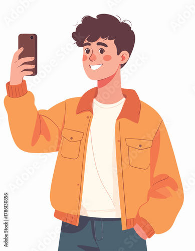 A young man with curly hair smiles and takes a selfie with his smartphone.
