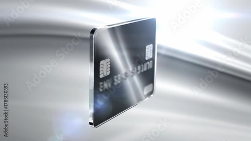 Sleek silver credit card with EMV chip floating and rotating against a clean abstract grey background, symbolizing modern finance.