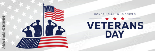 Veterans Day banner with a soldier silhouette saluting, flanked by American flags, set against a background of stars and stripes. Honors veterans and service members who served the USA.