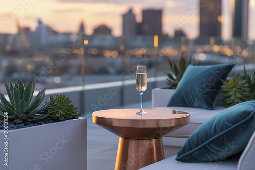 Luxury champagne glass on a modern copper table at a rooftop terrace, featuring a bokeh city skyline background at golden hour sunset.