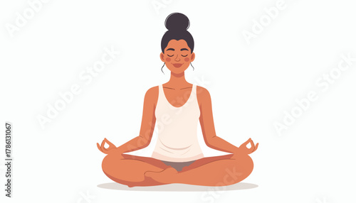 Woman meditating in lotus position with eyes closed, wearing a white tank top.