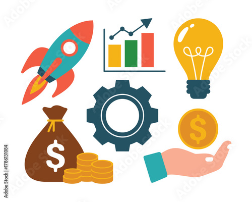 Concept of startup growth and investment with business icons.