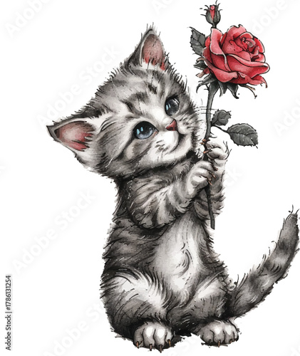 tattoo design of a cute kitten holding a rose, in a gray glitter color with a silver chain and pendant hanging from the tail, on a white background