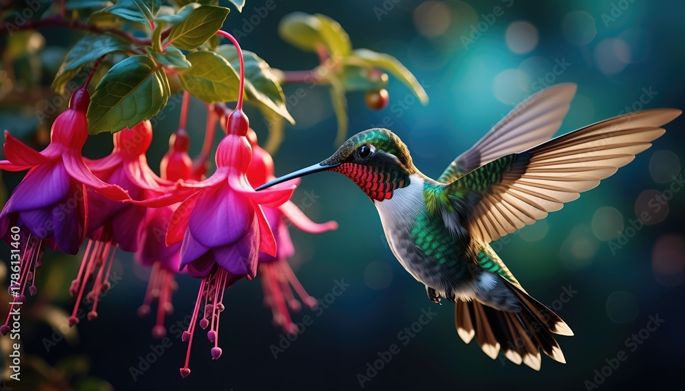 Fototapeta premium Hummingbird approaches hanging fuchsia flowers with open wings. Illustration.