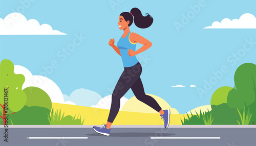 A woman joyfully runs along a paved road on a sunny day.