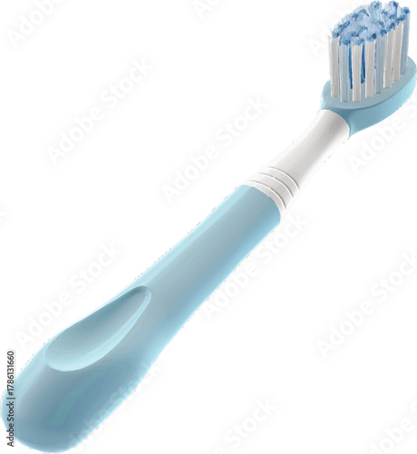 the toothbrush is blue and white, with soft bristles on the head for children's use. the handle has a rounded shape at one end to keep it from rolling