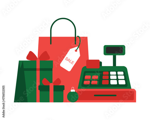 Christmas shopping with gifts, shopping bag, and a cash register indicating sales.