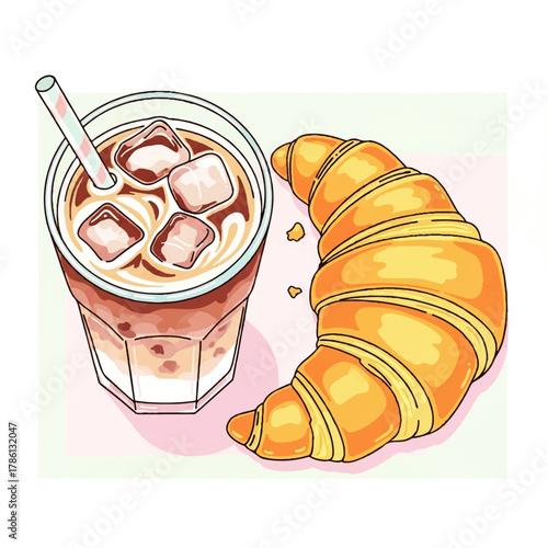 Hand-drawn vector illustration of a flaky croissant and a refreshing iced coffee latte for a perfect breakfast or brunch