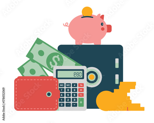 A piggy bank sits atop a safe with cash, coins, and a wallet nearby.