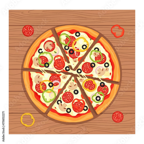 Deliciously Sliced Pizza with Assorted Toppings on a Rustic Wooden Table, A Top-Down View of a Savory Meal