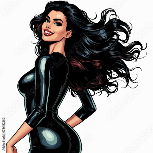 smiling woman in a tight black outfit with flowing dark hair and a bold, confident pose. Generative ai vector colorful pop art illustration.