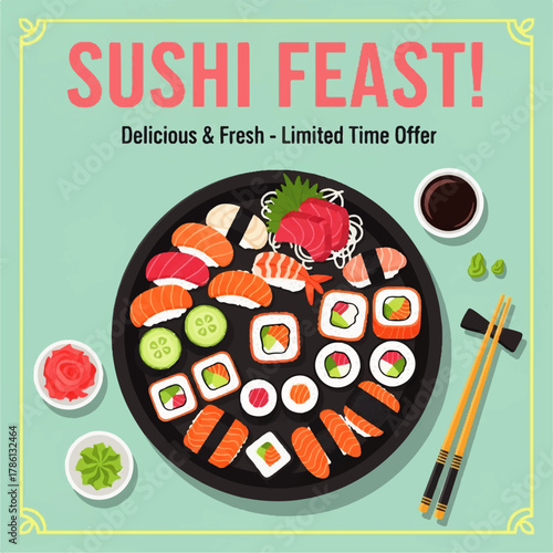 Japanese sushi platter in vector art, showcasing fresh nigiri, maki rolls, and sashimi for an authentic Asian culinary experience