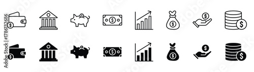 Money and finance collection icon pack. Dollar icon set. Money, wallet, payment, bank, fund, earnings, income, currency, business and more.
