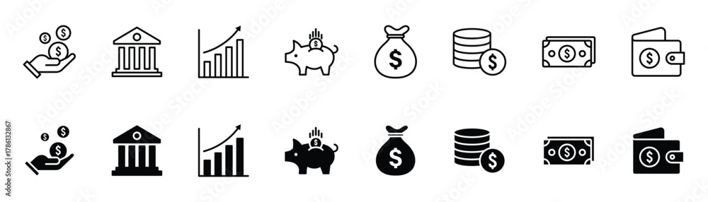 Obraz premium Money icon set in thin line style. Money and payment icons set, money icons, payment icons, wealth white background and vector with line and glyph icon.