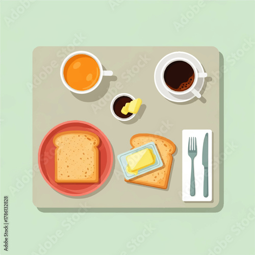 Start your day right with a beautifully illustrated breakfast featuring golden toast, rich coffee, and fresh orange juice, neatly arranged on a serving tray for a balanced and delightful morning meal