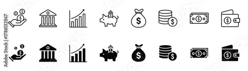 Money icon set in thin line style. Money and payment icons set, money icons, payment icons, wealth white background and vector with line and glyph icon.