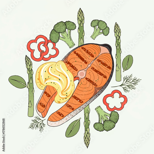 Healthy grilled salmon meal illustration with creamy sauce, fresh asparagus, broccoli, and vibrant bell peppers. A balanced gourmet dish for nutritious dining