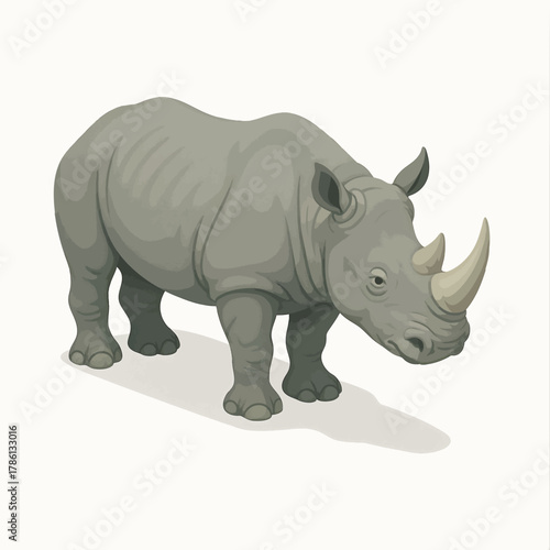 gray rhinoceros with two prominent horns, standing on a light background with subtle shadow. Isometric Generative ai vector colorful illustration.