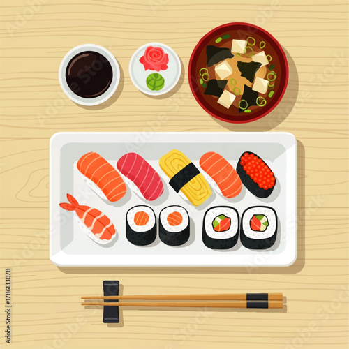 Sushi Set Flat Lay with Miso Soup, Soy Sauce, and Chopsticks on Wooden Background