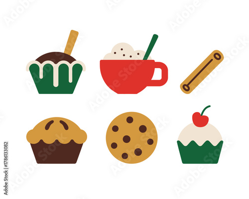 A collection of sweet treats including cupcakes, cookies, and a mug of hot chocolate.