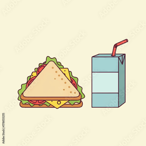 Lunchtime Delight A Delicious Sandwich and Refreshing Juice Box Illustration for Food Lovers